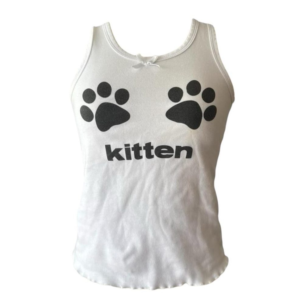 White Cat Tank Top with Black Paw Prints